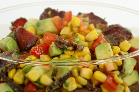 Corn, avocado, biltong, and tomato salad | Rainbow Cooking